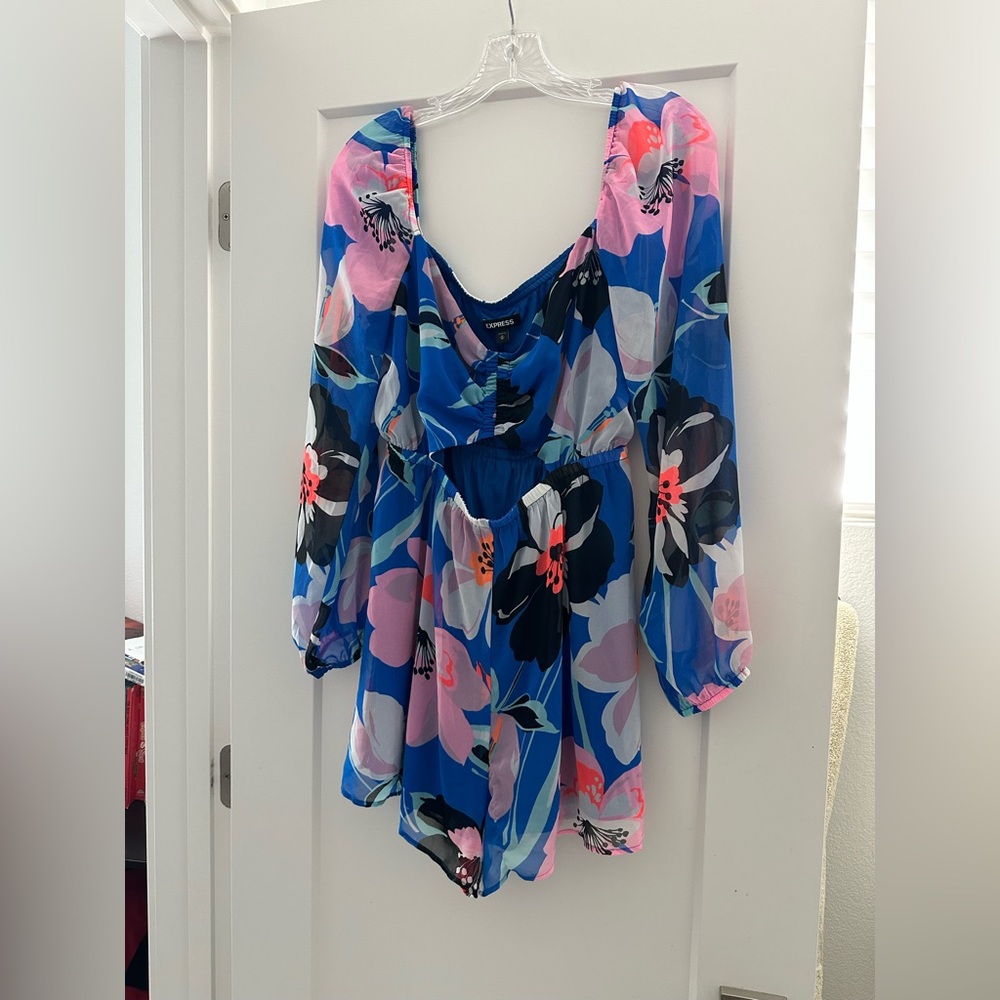 Express Blue Floral Long-Sleeve Blouse Romper